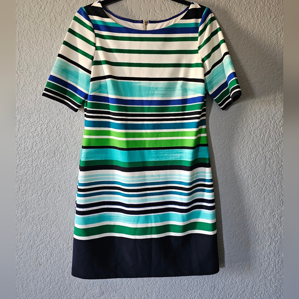 Eliza J Striped Shift Dress in Green, Blue & White Size 6